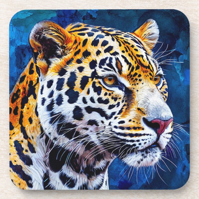 Leopard auf blauem Hintergrund Getränkeuntersetzer (Vorderseite)