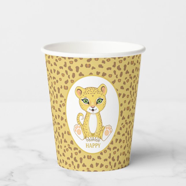 Leopard auf den Papierstapeln des braunen und gold Pappbecher (Rückseite)