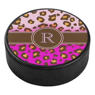 Leopard-Aufdruck rosa braun Monogramm Eishockey Puck