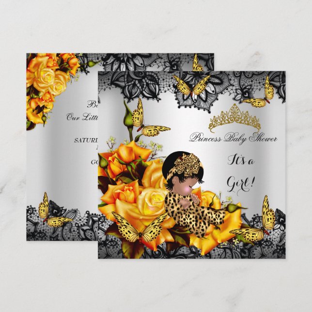 Leopard Baby Shower Girl Butterfly Yellow Ethnic Einladung (Vorne/Hinten)