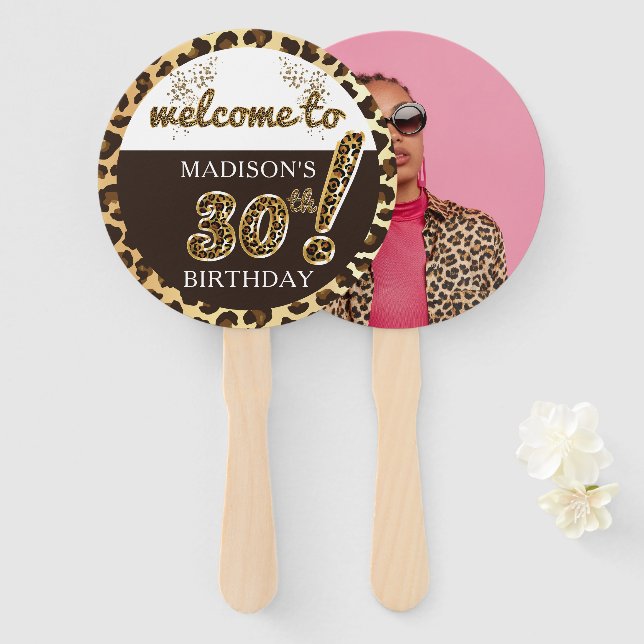 Leopard Balloon Script Birthday Foto Personalisier Fächer (Vorne und Hinten)