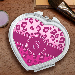 Leopard bedruckter rosa Monogramm-Spiegel Taschenspiegel