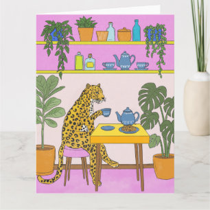 Leopard beim Teetrinken Karte