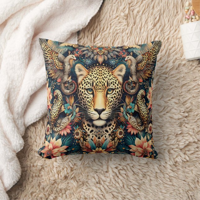 Leopard Bliss: Erholung unter tropischen Vögeln Kissen (Decke)