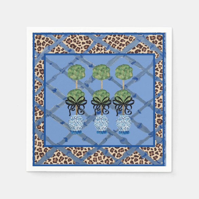 Leopard Blue Bamboo Chinoiserie Ginger Jar Paper Serviette (Vorderseite)