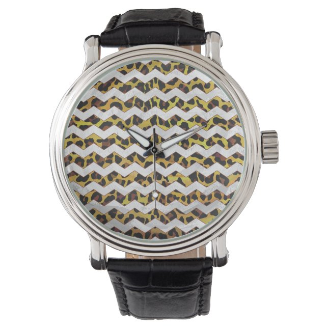 Leopard Brown and Yellow Cevron Print Armbanduhr (Vorderseite)