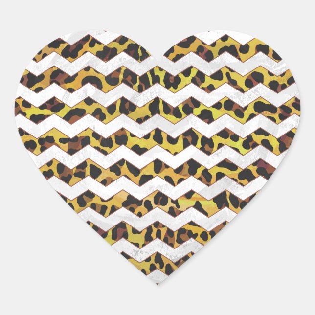 Leopard Brown and Yellow Cevron Print Herz-Aufkleber (Vorderseite)