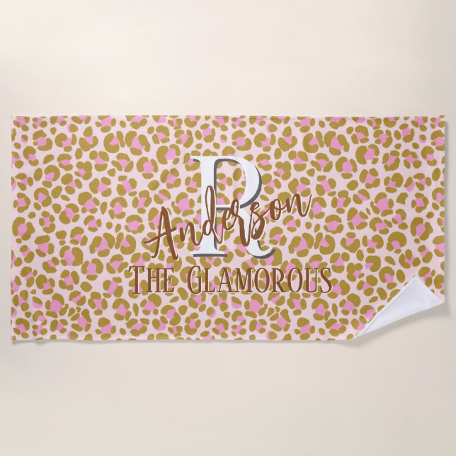 Leopard Brown Pink Beige Personalisiert Strandtuch (Vorderseite)