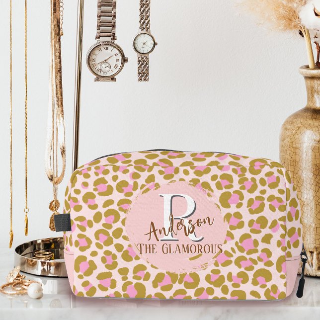 Leopard Brown Pink Beige Personalisiert Waschbeutel (Leopard Pattern with Name Dopp Kit.)