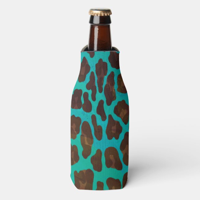 Leopard Brown und Aquamarin Print Flaschenkühler (Flaschenvorderseite)
