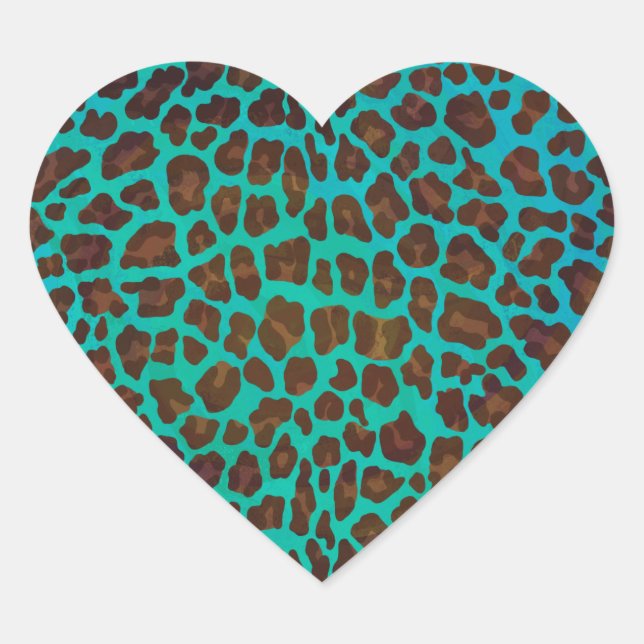 Leopard Brown und Aquamarin Print Herz-Aufkleber (Vorderseite)