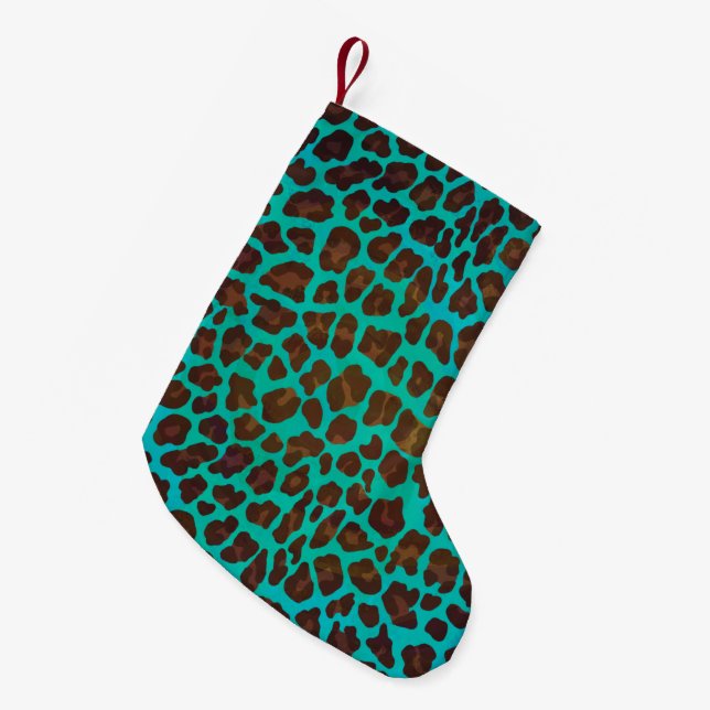 Leopard Brown und Aquamarin Print Kleiner Weihnachtsstrumpf (Vorderansicht (hängend))
