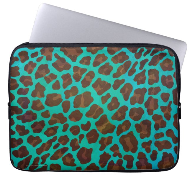 Leopard Brown und Aquamarin Print Laptopschutzhülle (Vorderseite)