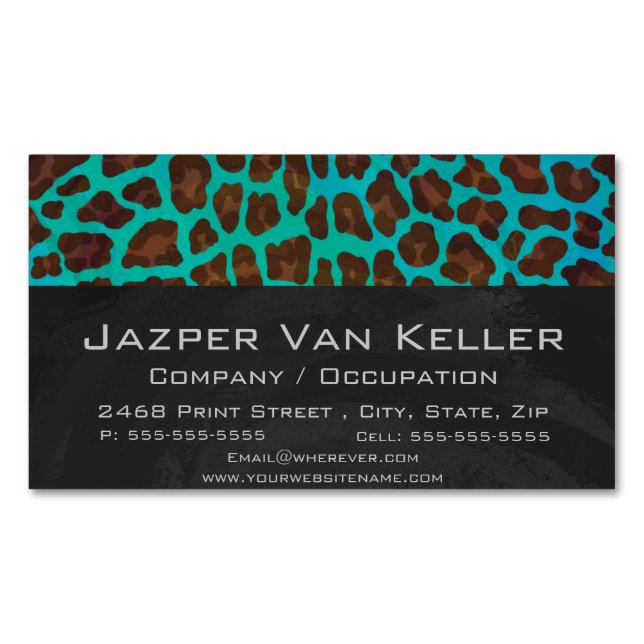 Leopard Brown und Aquamarin Print Magnetische Visitenkarte (Vorderseite)