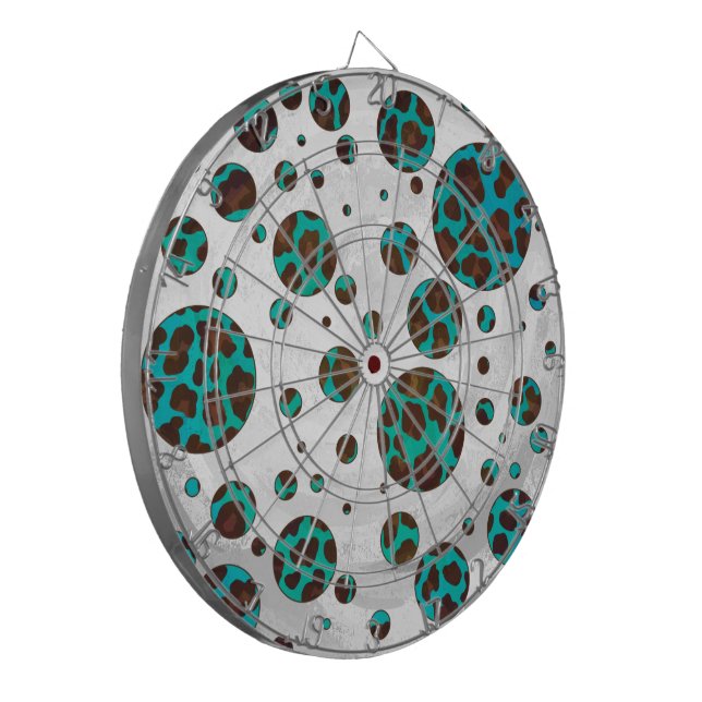 Leopard Brown und Aquamarin PrintPolka Dots Dartscheibe (Vorderseite Links)