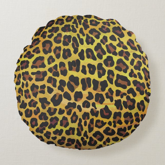 Leopard Brown und Gelb Print Rundes Kissen (Vorderseite)