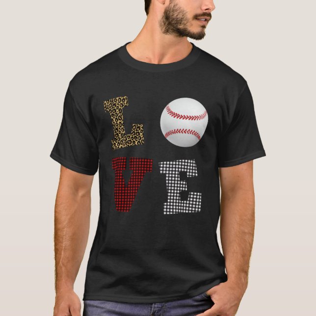 Leopard Buffalo Plaid Baseball Player Valentine s  T-Shirt (Vorderseite)