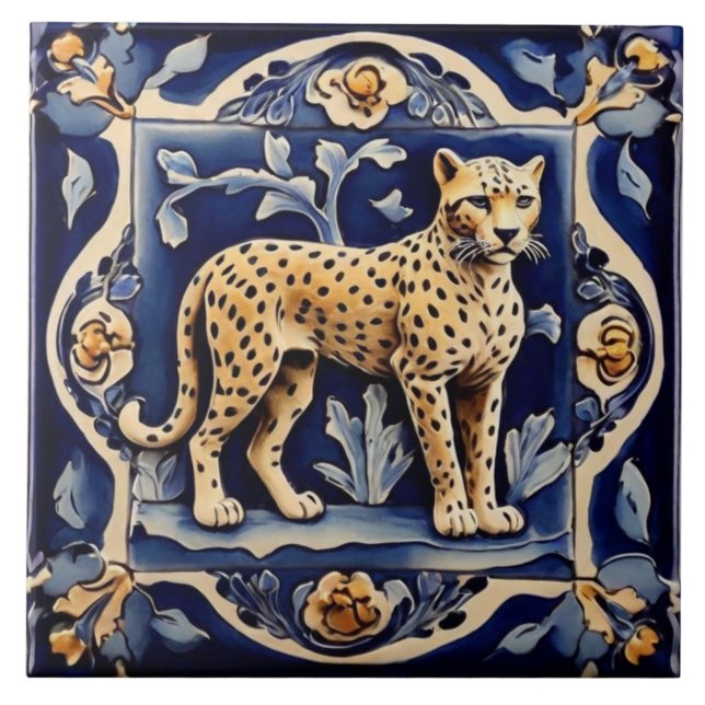 Leopard Cheetah African Safari Animals Navy Blue Fliese (Vorderseite)