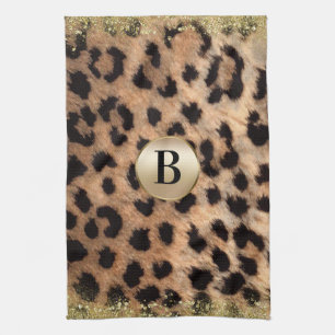 Leopard Cheetah Animal Print Gold Glitzer Monogram Geschirrtuch