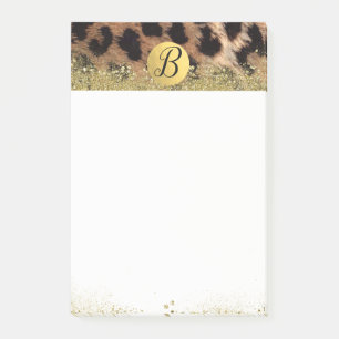 Leopard Cheetah Animal Print Gold Glitzer Monogram Post-it Klebezettel