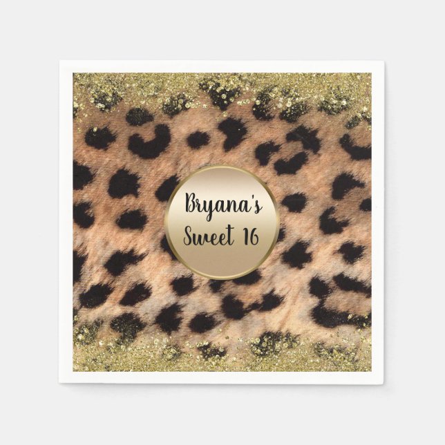 Leopard Cheetah Animal Print Gold Glitzer Monogram Serviette (Vorderseite)