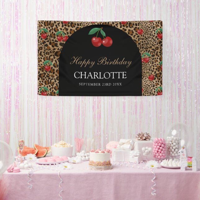 Leopard Cheetah Animal Print Red Cherry Birthday Banner (Party)