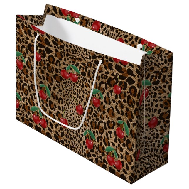 Leopard Cheetah Animal Print Red Cherry Pattern Große Geschenktüte (Vorderseite Schrägansicht)