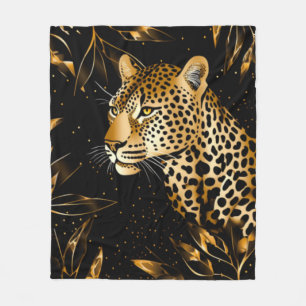 Leopard Cheetah Black Gold Jungle Safari Blätter Fleecedecke
