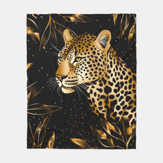 Leopard Cheetah Black Gold Jungle Safari Blätter Fleecedecke (Vorderseite)