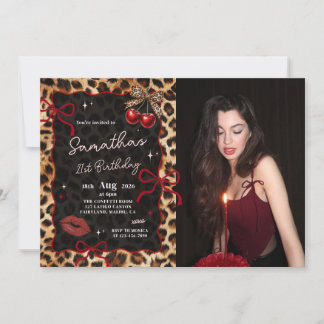 Leopard Cheetah Cherries Birthday Photo Invitation Einladung