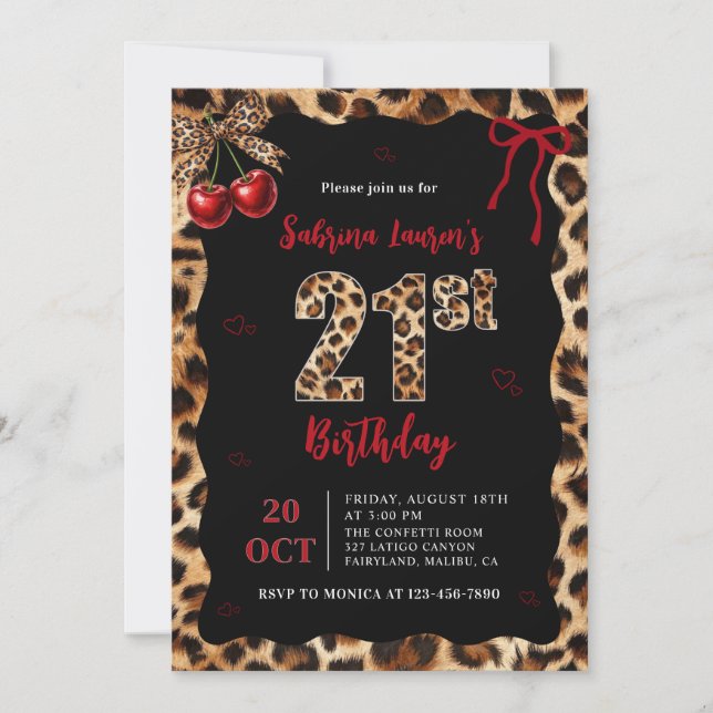 Leopard Cheetah Cherry 21st Birthday Invitation (Devant)
