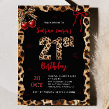 Leopard Cheetah Cherry 21st Birthday Invitation
