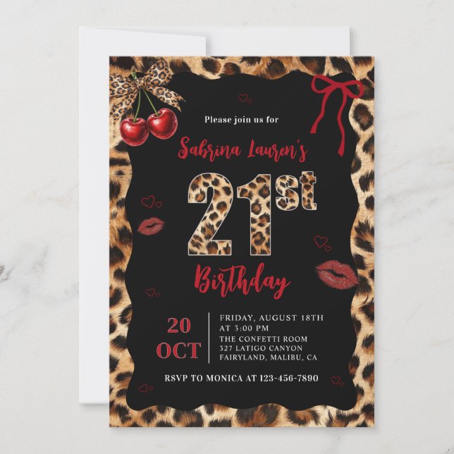 Leopard Cheetah Cherry 21st Birthday Invitation Einladung (Vorderseite)