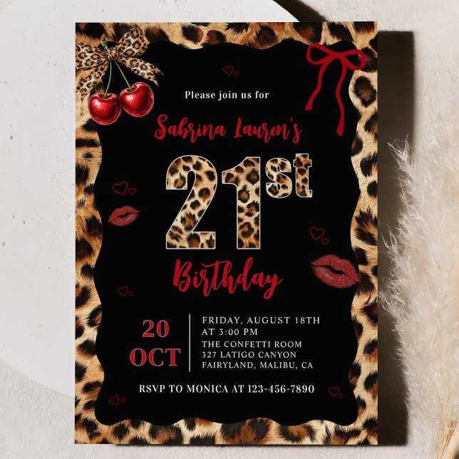 Leopard Cheetah Cherry 21st Birthday Invitation Einladung (Von Creator hochgeladen)
