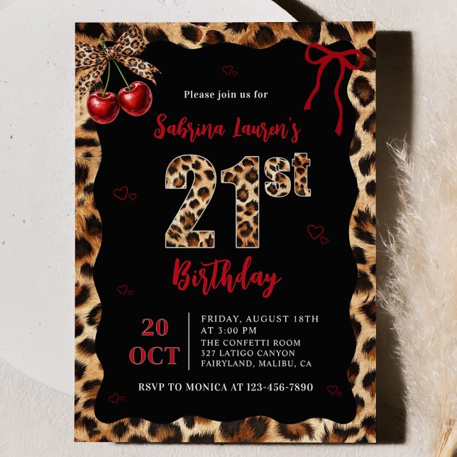 Leopard Cheetah Cherry 21st Birthday Invitation Einladung (Von Creator hochgeladen)