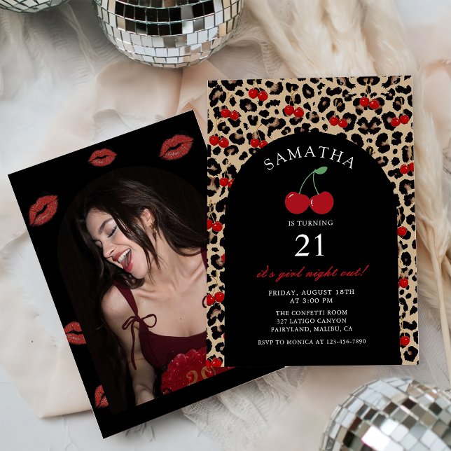 Leopard Cheetah Cherry Birthday Photo Invitation Einladung (Von Creator hochgeladen)