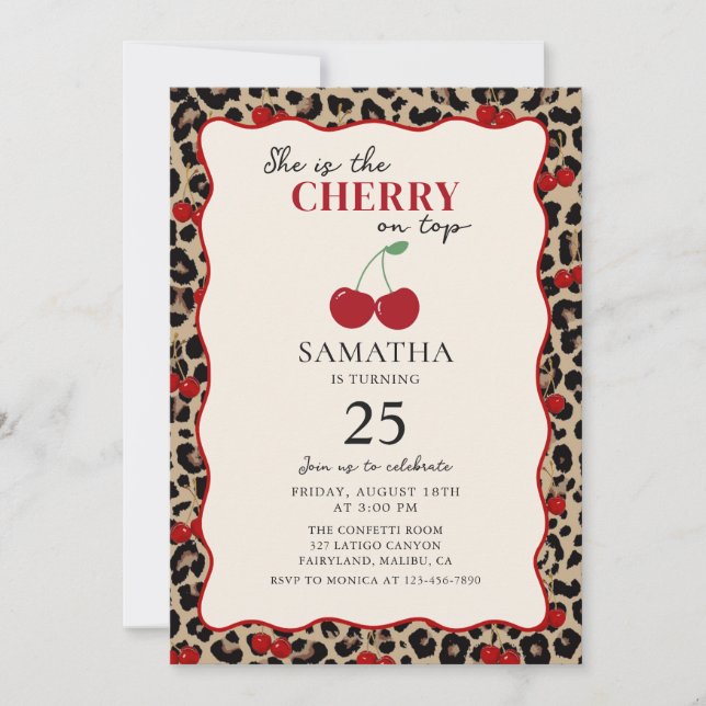 Leopard Cheetah Cherry On Top Birthday Invitation (Devant)
