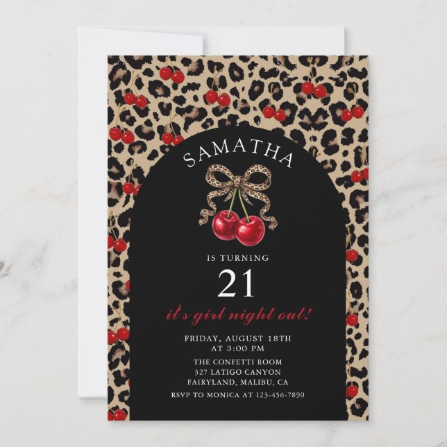 Leopard Cheetah Coquette Cherry Birthday Einladung (Vorderseite)