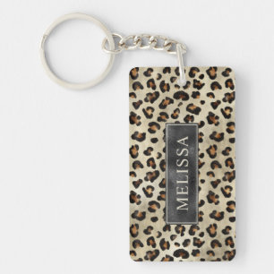 Leopard Cheetah Druck mit schwarzer Faux-Folie-Tex Schlüsselanhänger