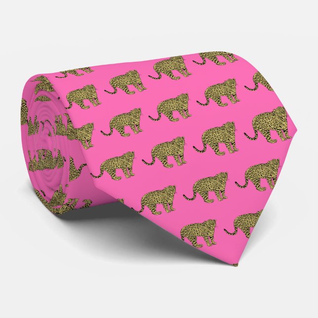 Leopard Cheetah Gepunktet Cat Zeichnend Hot Pink Krawatte (Gerollt)