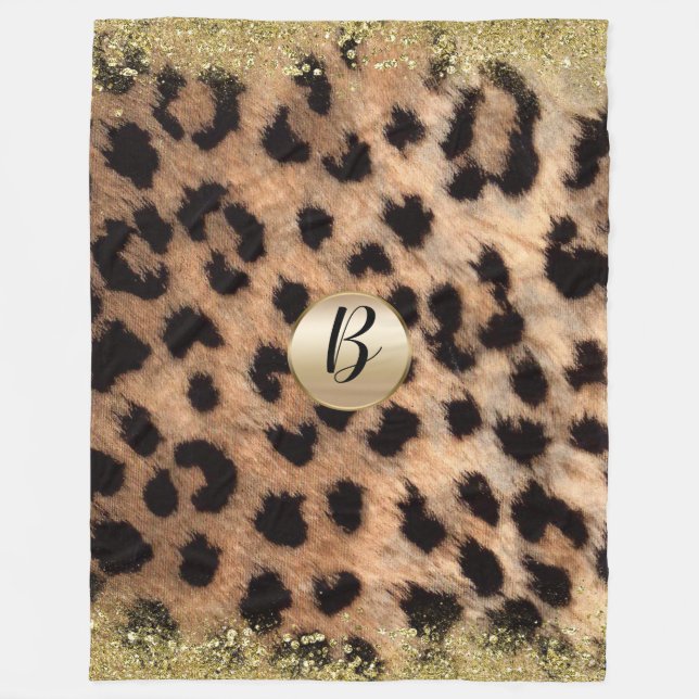 Leopard Cheetah Print Gold Glitzer Glam Monogram Fleecedecke (Vorderseite)