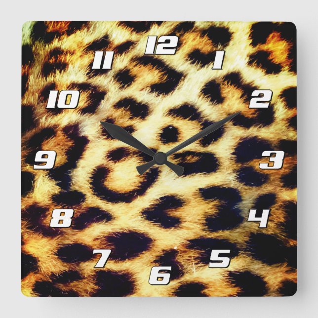 Leopard Cheetah Print Imitats Fur mit Zahlen Quadratische Wanduhr (Vorderseite)