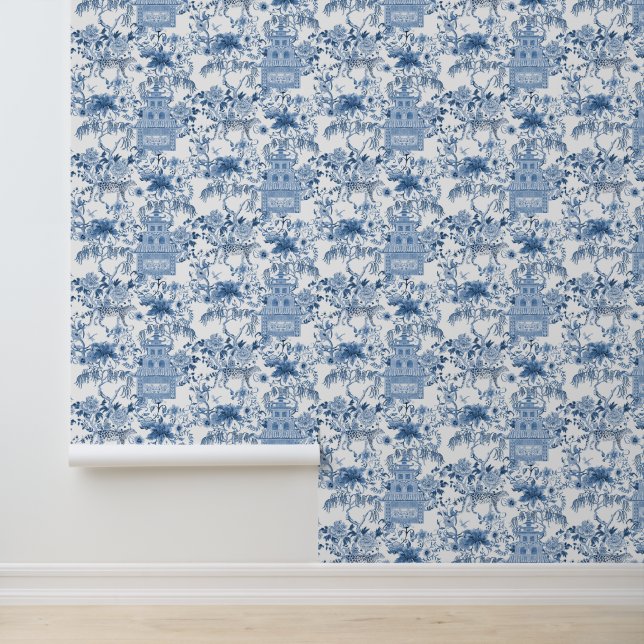 Leopard Chinoiserie Pagoda Willow Blue und White Tapete (Anwendung)