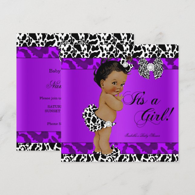 Leopard Cow Lila Girl Baby Shower Ethnic Einladung (Vorne/Hinten)