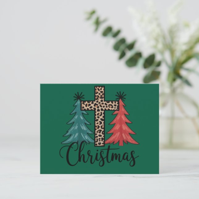 Leopard Cross Weihnachtsbäume Christlich Feiertagspostkarte (Stehend Vorderseite)