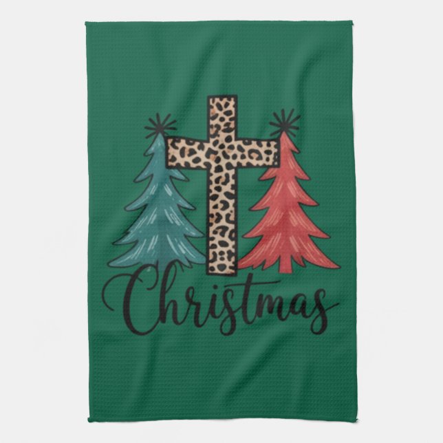 Leopard Cross Weihnachtsbäume Christlich Geschirrtuch (Vertikal)