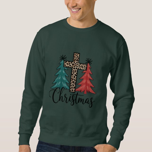 Leopard Cross Weihnachtsbäume Christlich Sweatshirt (Vorderseite)