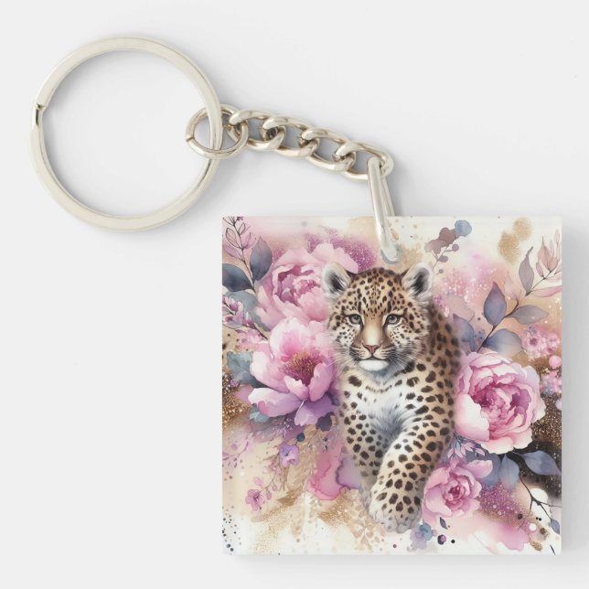 Leopard Cub & Rose Acrylic Schlüsselanhänger (Vorderseite)