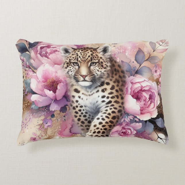 Leopard Cub & Rose Akzent Kissen (Vorderseite)
