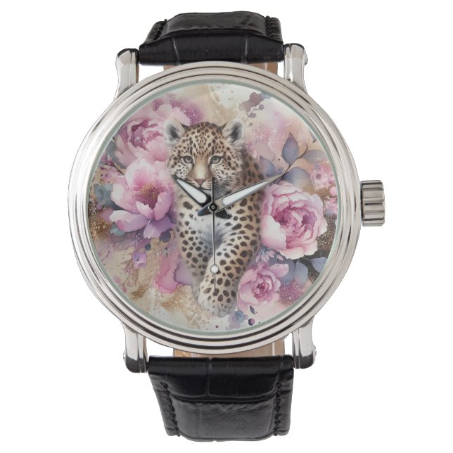 Leopard Cub & Rose beobachten Armbanduhr (Vorderseite)